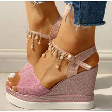 Load image into Gallery viewer, Wedge Bead Studded Detail Platform Sandals - Pink / 39