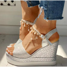Load image into Gallery viewer, Wedge Bead Studded Detail Platform Sandals - Silver / 34