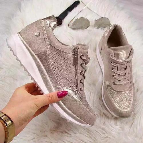 Wedge Zipper Lace Up Bling Sneakers