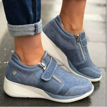 Load image into Gallery viewer, Wedge Zipper Lace Up Bling Sneakers - Lake Blue / 42