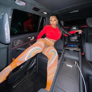 Whirlpool Printed Mesh High Waist Leggings - Orange / L