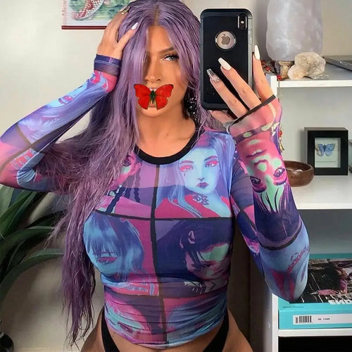 Y2K Aesthetic O-Neck Mesh T-Shirt