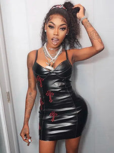 Y2K Cross Printed PU Leather Dress