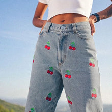 Load image into Gallery viewer, Y2K Fashion Cherry Embroidery Blue Jeans