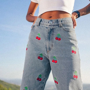 Y2K Fashion Cherry Embroidery Blue Jeans