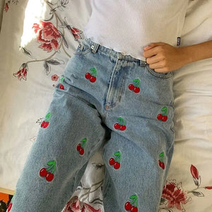 Y2K Fashion Cherry Embroidery Blue Jeans