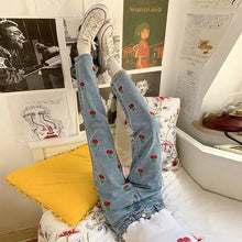 Load image into Gallery viewer, Y2K Fashion Cherry Embroidery Blue Jeans - M