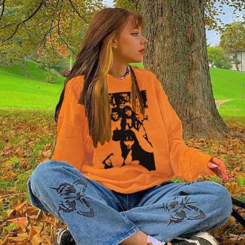 Y2K Gothic Portrait Print Sweatshirt - Orange / L