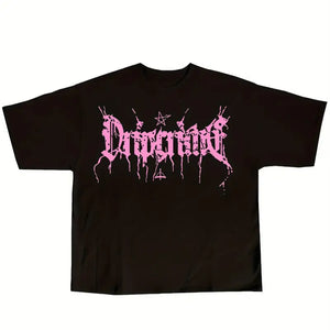 Y2K Letter Print Crew Neck T-shirt - Black / XS(2)