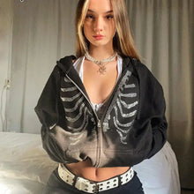 Load image into Gallery viewer, Y2K Rhinestone Skeleton Gothic Black Zip Up Oversized