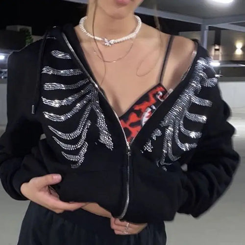 Y2K Rhinestone Skeleton Gothic Black Zip Up Oversized