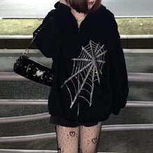 Load image into Gallery viewer, Y2K Rhinestone Skeleton Gothic Black Zip Up Oversized