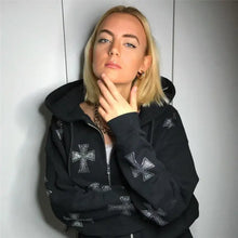 Load image into Gallery viewer, Y2K Rhinestone Skeleton Gothic Black Zip Up Oversized