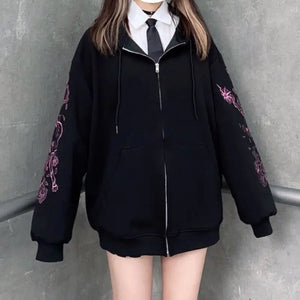 Y2K Rhinestone Skeleton Gothic Black Zip Up Oversized