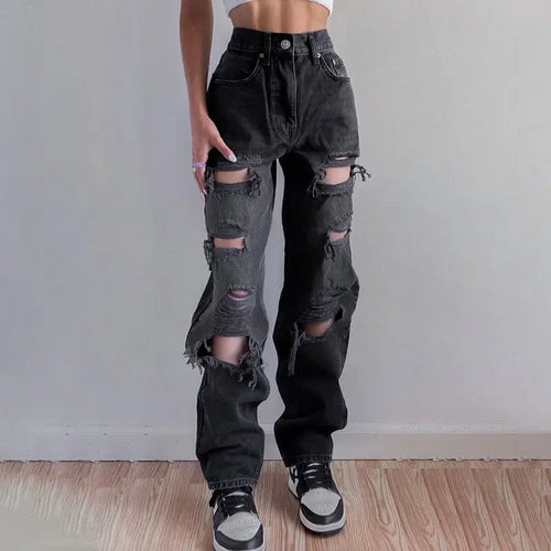 Y2k Streetwear Black Ripped Punk Cargo Jeans