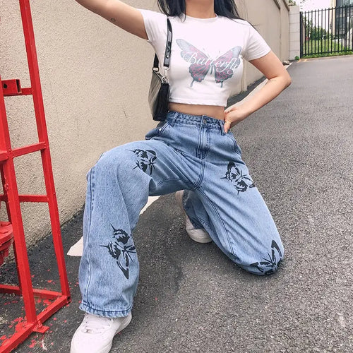 Y2k Streetwear Butterfly Print Straight Baggy Jeans