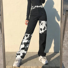 Load image into Gallery viewer, Y2k Streetwear Cow Print Patchwork High Waist Jeans