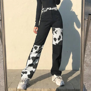 Y2k Streetwear Cow Print Patchwork High Waist Jeans