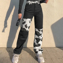 Load image into Gallery viewer, Y2k Streetwear Cow Print Patchwork High Waist Jeans