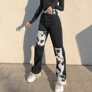 Y2k Streetwear Cow Print Patchwork High Waist Jeans