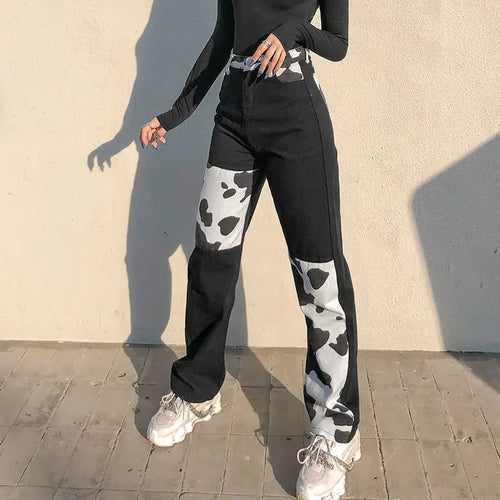 Y2k Streetwear Cow Print Patchwork High Waist Jeans