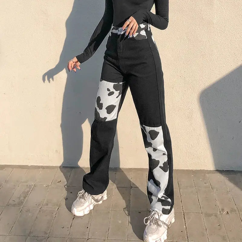 Y2k Streetwear Cow Print Patchwork High Waist Jeans - Black