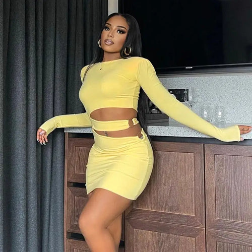 Yellow O Neck Long Sleeve Hallow Out Bodycon Dress