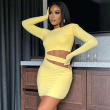Load image into Gallery viewer, Yellow O Neck Long Sleeve Hallow Out Bodycon Dress