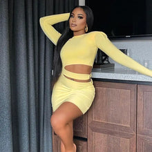 Load image into Gallery viewer, Yellow O Neck Long Sleeve Hallow Out Bodycon Dress