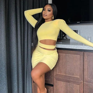 Yellow O Neck Long Sleeve Hallow Out Bodycon Dress