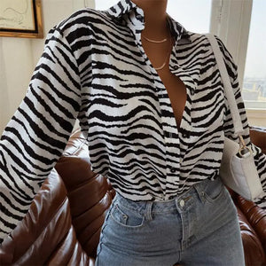 Zebra Print Long Sleeve Loose Shirt - Black / L
