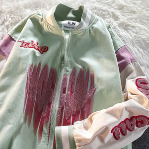 Zip-Up Grunge O-neck Oversized Baseball Jacket - Green / XXL