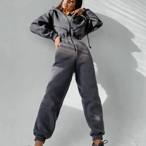 Zipper Drawstring Jacket And Elastic Pencil Pants Suit