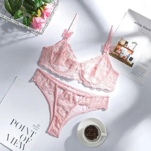 2-Piece Embroidery Pink Lace Bra & Panty Lingerie Set - L