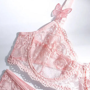 2-Piece Embroidery Pink Lace Bra & Panty Lingerie Set