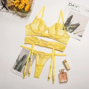 3 PC Lace Embroidery Floral Bra & Panties Lingerie Set -