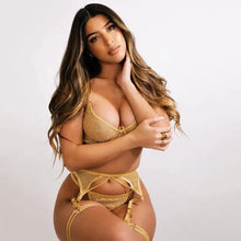 Load image into Gallery viewer, 3-Piece Embroidery Khaki Lace Bra Underwire &amp; Pant Lingerie