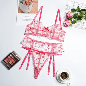 3-Piece Embroidery Lace Unlined Floral Bra Underwire & Thong