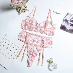 3-Piece Floral Embroidery Bow Lace Underwear Set - Pink / S