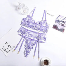 Load image into Gallery viewer, 3-Piece Floral Embroidery Bow Lace Underwear Set - Purple /