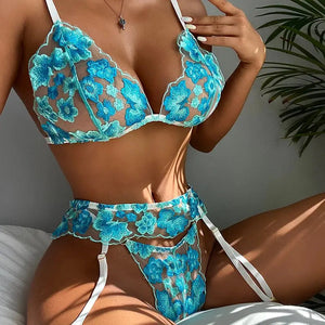 3-Piece Lace Floral Butterfly Embroidery Wireless Bra &