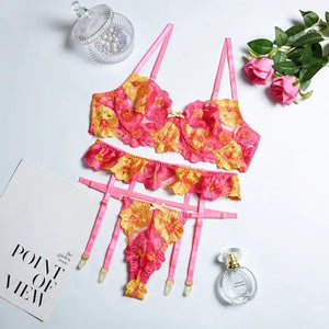 3-Piece Lace Floral Embroidery Bra Underwire & Panty