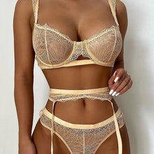 Load image into Gallery viewer, 3-Piece Lace Khaki Floral Transparent Bra Underwire &amp; Panty