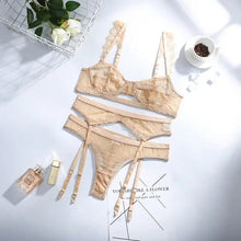 Load image into Gallery viewer, 3-Piece Lace Khaki Floral Transparent Bra Underwire &amp; Panty