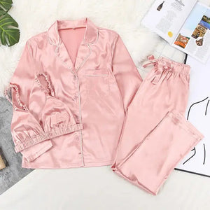 3 Piece Satin Long Sleeve Pajamas - Pink / S