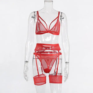 3 Piece Sensual Unlined Bra & Panty with Garter Belt - Red