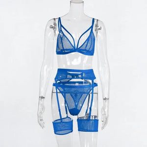 3 Piece Sensual Unlined Bra & Panty with Garter Belt - Blue