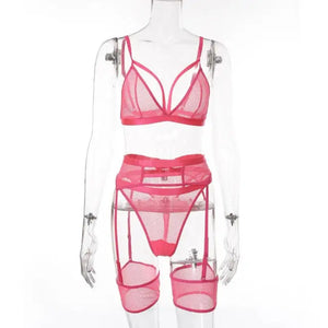 3 Piece Sensual Unlined Bra & Panty with Garter Belt - Pink