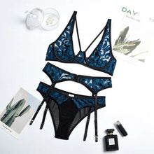 Load image into Gallery viewer, 3-Piece Unlined Embroidery Mesh Patchwork Lingerie Set -