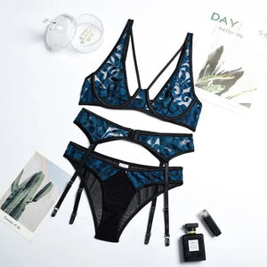 3-Piece Unlined Embroidery Mesh Patchwork Lingerie Set -